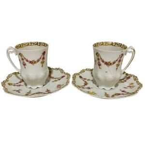 Vintage Carlsbad Austria porcelain demitasse tea cup & saucer sets (2) pink rose